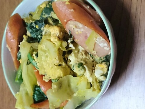 ウインナーとキャベツとほうれん草の卵炒め